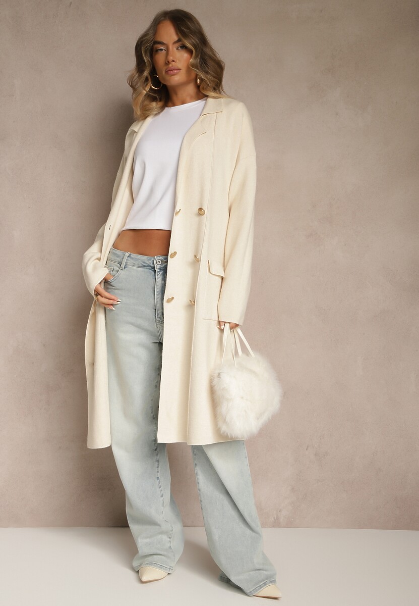 Jasnobeżowy Rozpinany Elegancki Kardigan z Wiskozą Ozdobiony Guzikami Arovira