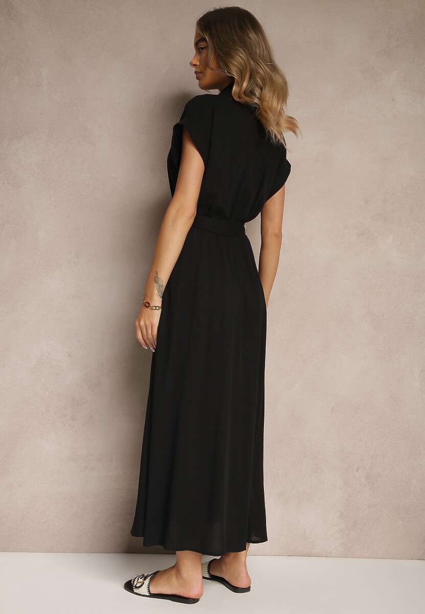 Czarna Koszulowa Sukienka z Wiskozy z Paskiem Rinaira