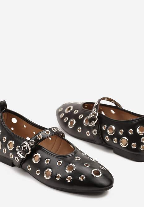 Czarne Balerinki Ozdobione Paskiem i Metalicznymi Aplikacjami Erathira