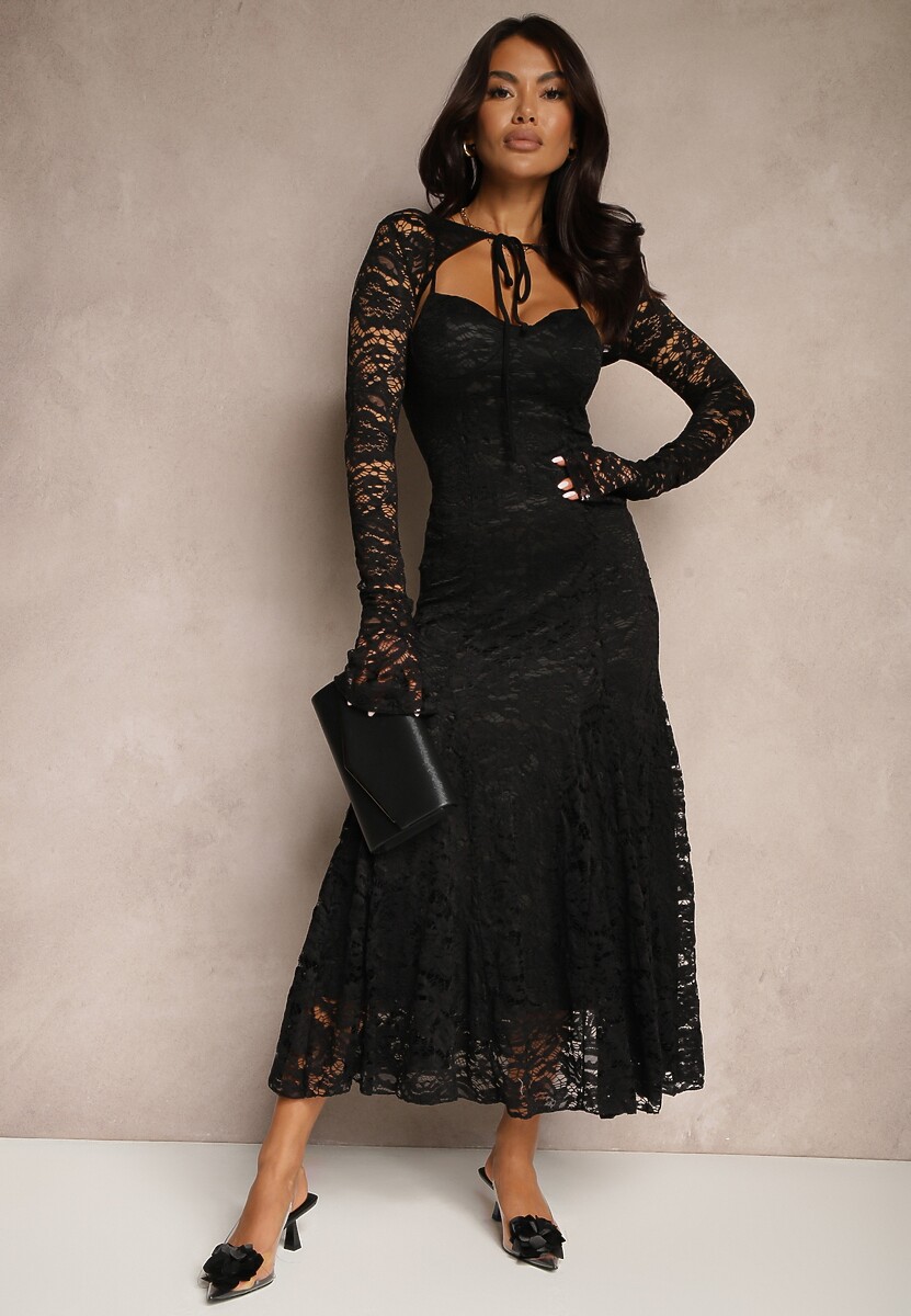 Czarna Rozkloszowana Sukienka z Koronki z Dodatkowym Bolerkiem Gonavora