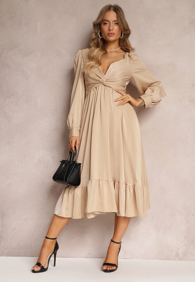 Beżowa Sukienka Midi z Falbanką na Dole i Supełkiem przy Trójkątnym Dekolcie Nimalisa