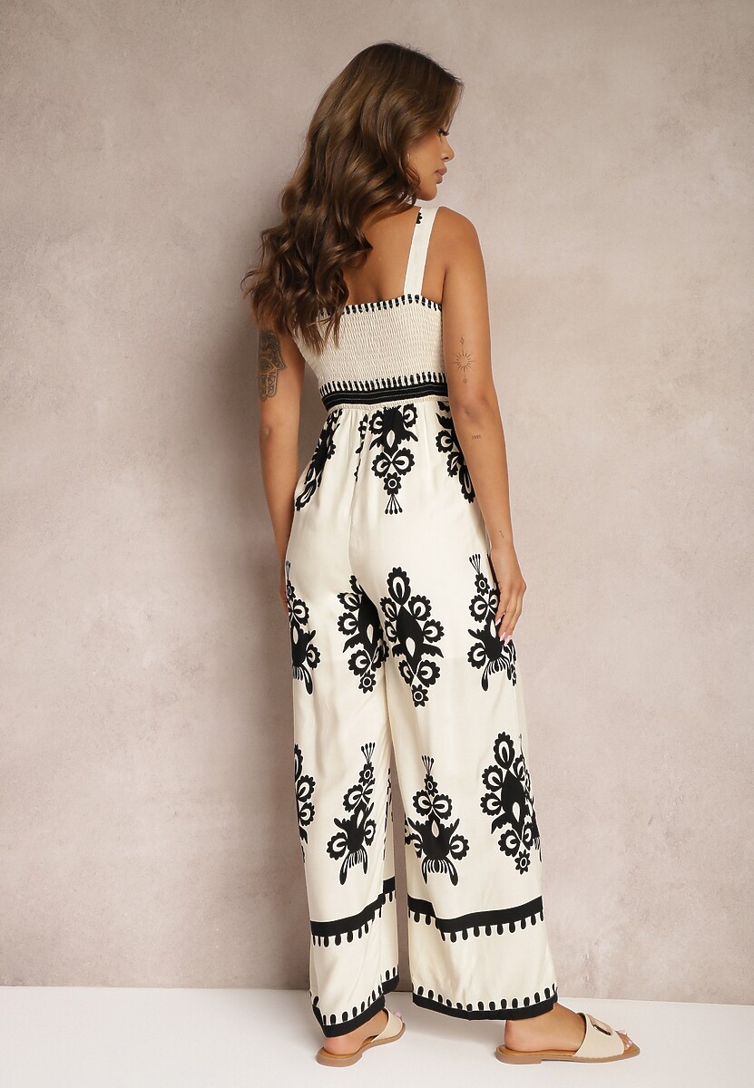 Beżowy Wiskozowy Kombinezon z Marszczonym Dekoltem na Ramiączkach z Długimi Nogawkami Amperia