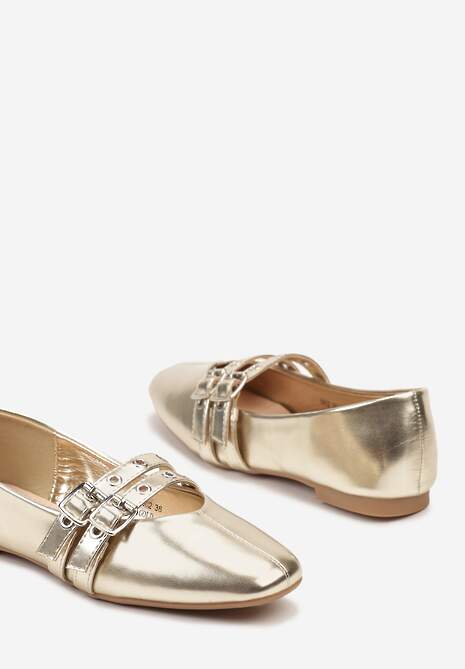Złote Balerinki na Płaskiej Podeszwie Ozdobione Paskami z Regulacją Moradea
