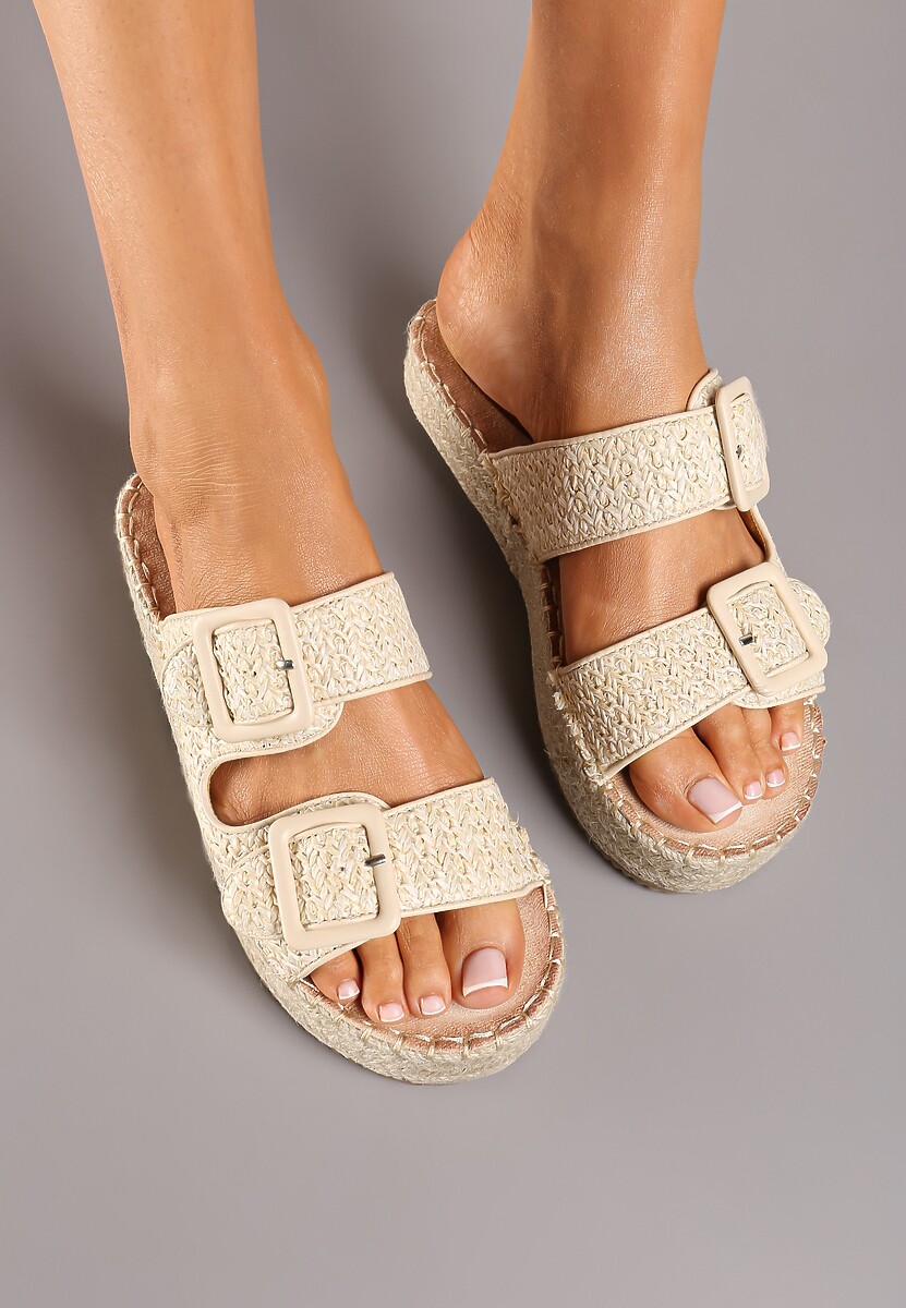 Beżowe Płaskie Klapki Ozdobione Plecionką z Regulowanymi Paskami i Sprzączkami Yannia