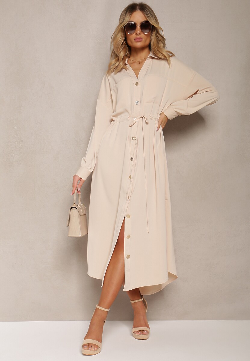 Beżowa Sukienka o Koszulowym Fasonie z Elastycznym Troczkiem w Talii Verulea