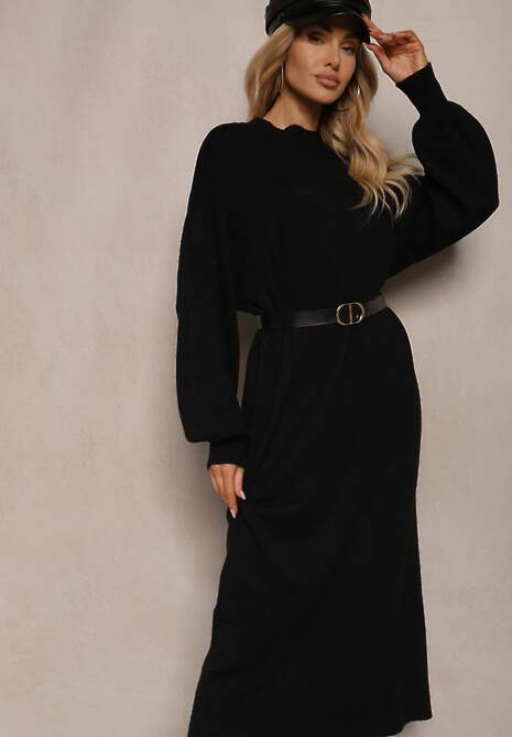 Czarna Pudełkowa Sukienka z Wiskozą i Półgolfem Salindra