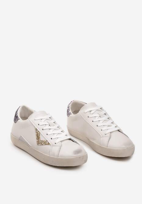Biało-Złote Sneakersy Sznurowane z Cholewką przed Kostkę z Brokatem Toneri