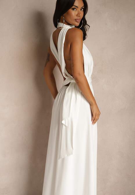 Biała Sukienka Koktajlowa Multiway z Wiskozą Wiązana na Szyi Lilovea