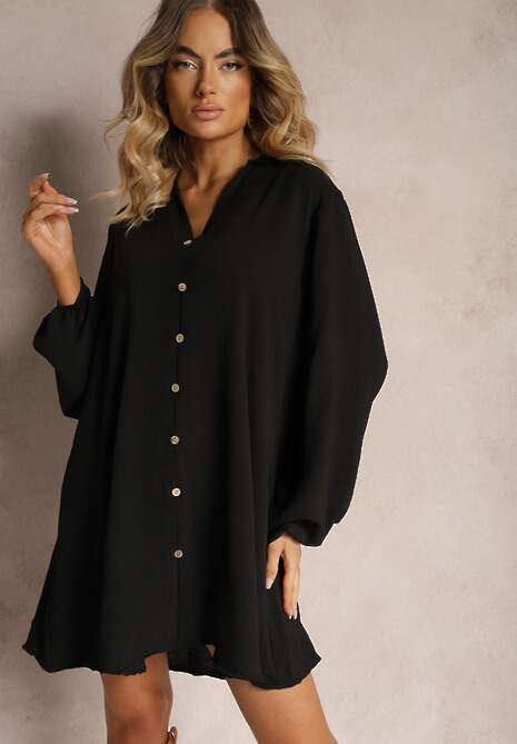 Czarna Pudełkowa Sukienka Oversize Ozdobiona Guziczkami Eudoratte