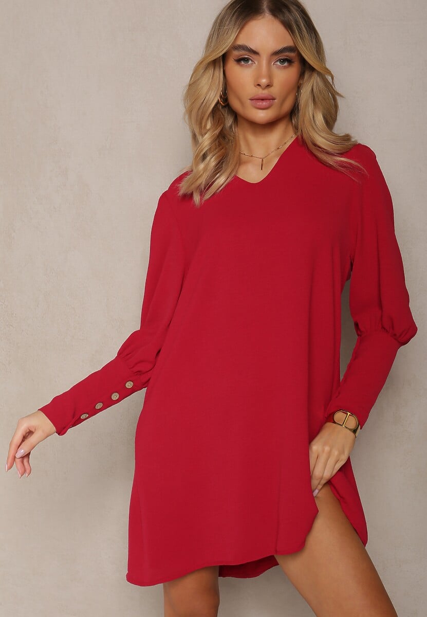 Bordowa Pudełkowa Sukienka z Rozkloszowanym Dołem i Bufiastymi Rękawami Kaimana