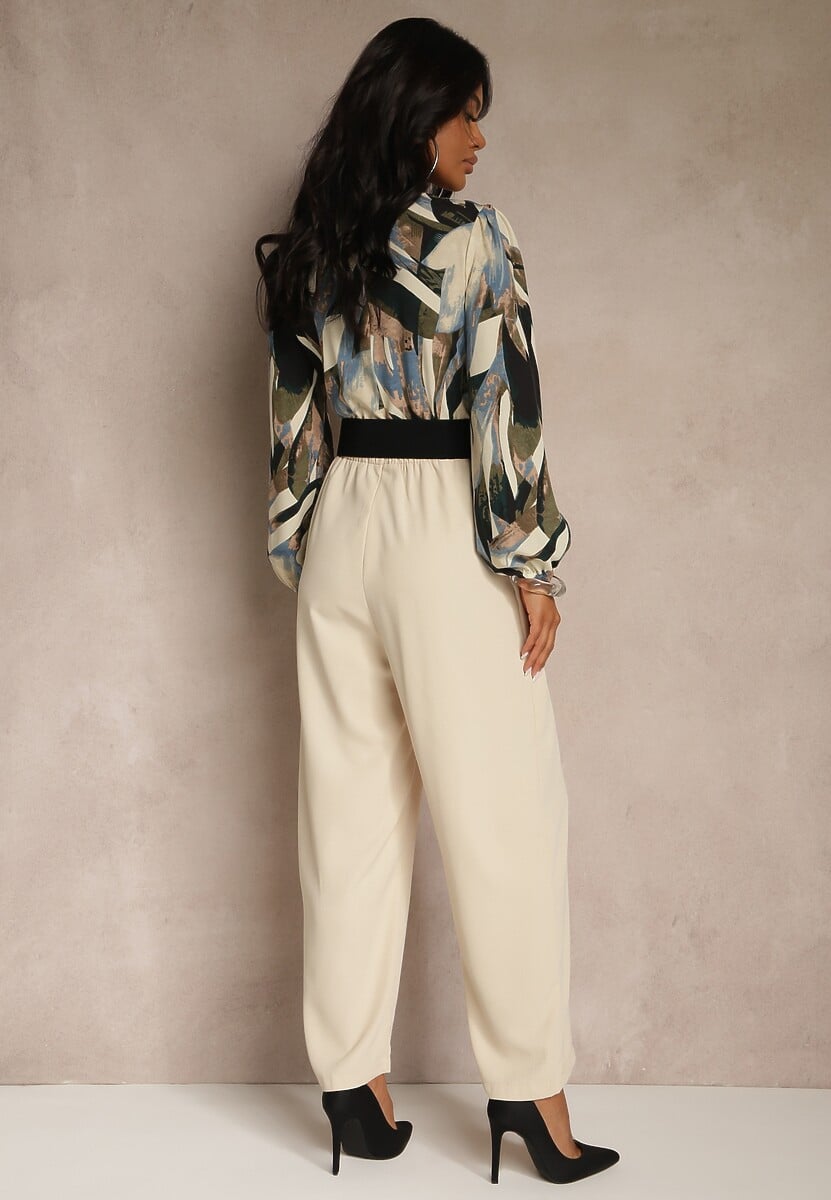 Beżowy Kopertowy Kombinezon z Paskiem i Szerokimi Spodniami Nittama