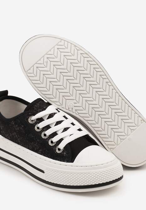 Czarne Trampki na Platformie z Niską Cholewką i Koronką Jenalora