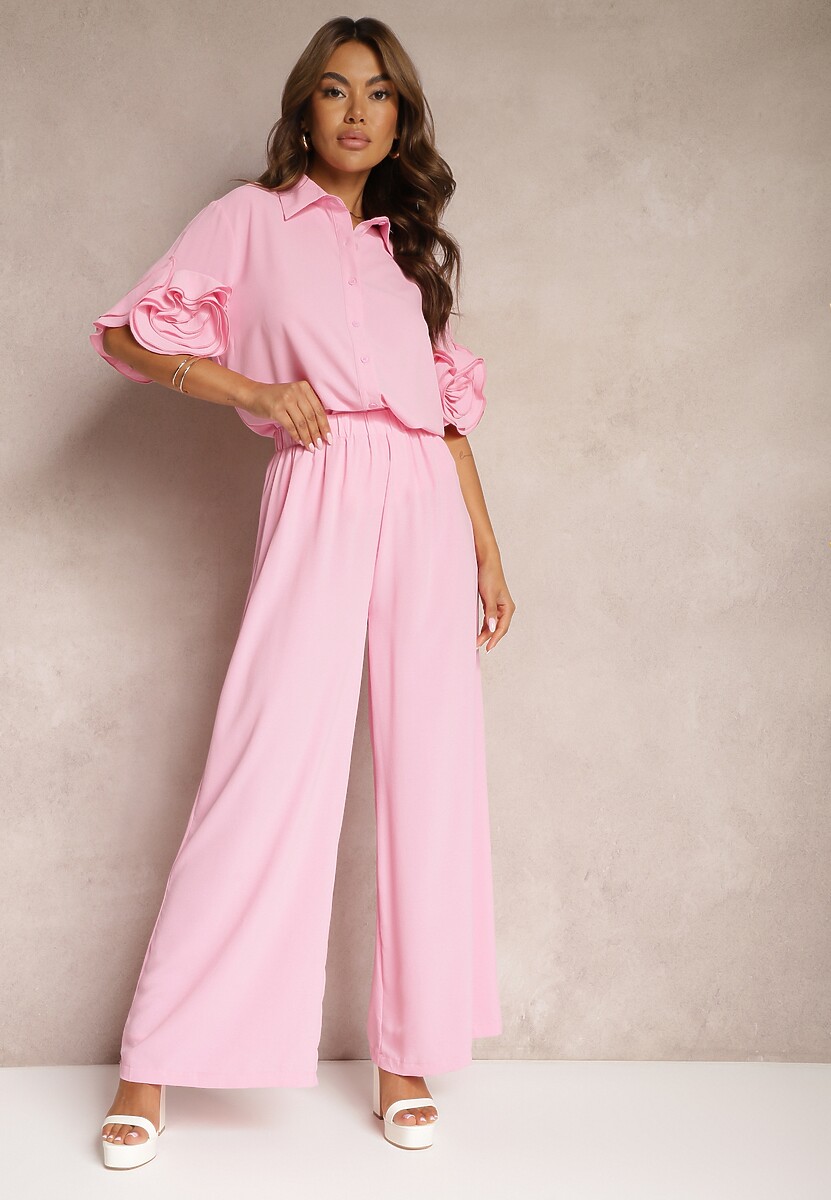 Czarny Komplet Szerokie Spodnie i Koszula z Falbanami Rivathins