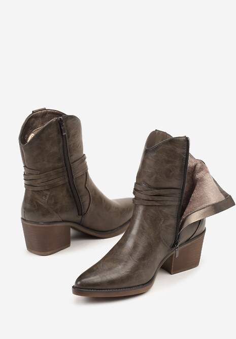 Ciemnobeżowe Botki Kowbojki na Stożkowym Obcasie z Cholewką z Rzemykiem Zoiana