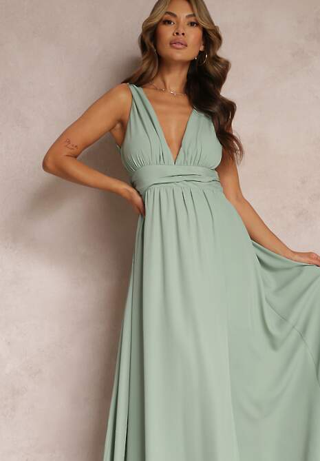 Miętowa Rozkloszowana Sukienka Maxi na Ramiączkach z Rozcięciem Ernames