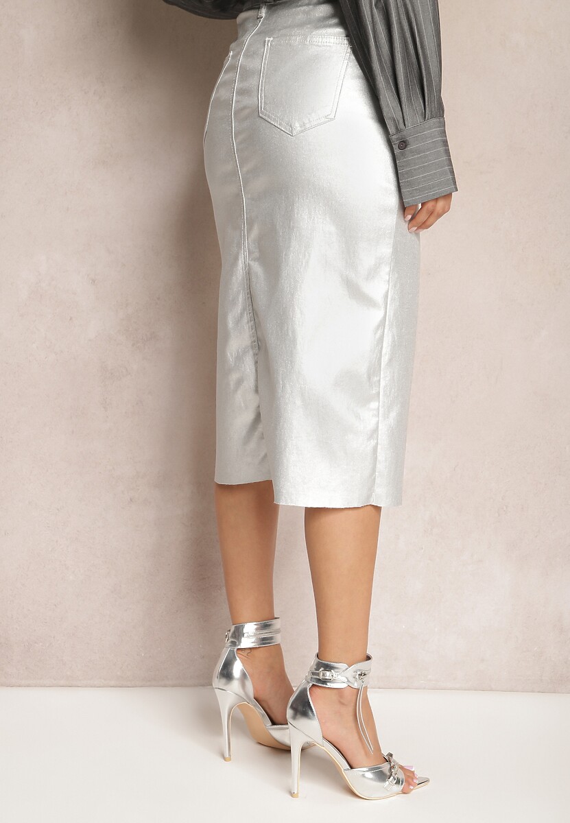 Srebrna Ołówkowa Spódnica Metaliczna Midi Serenita