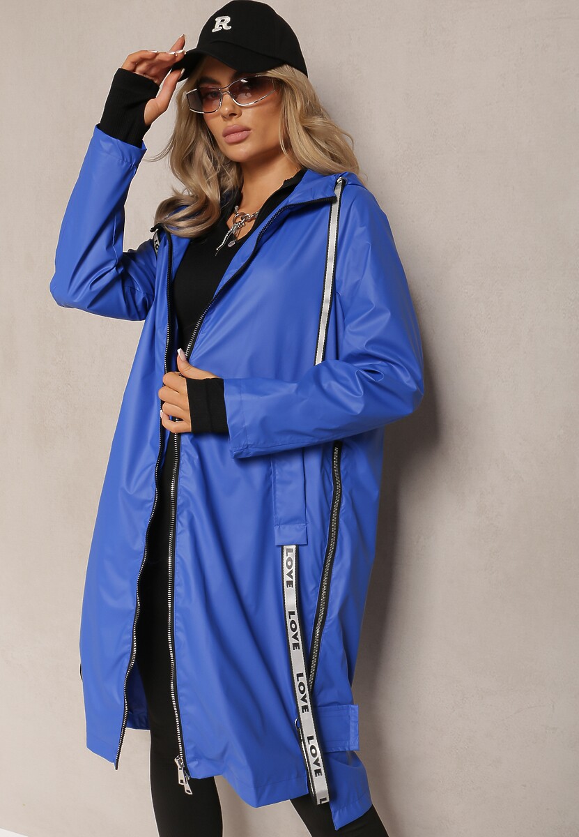 Niebieski Płaszcz za Kolano z Tasiemką i Kapturem Penela