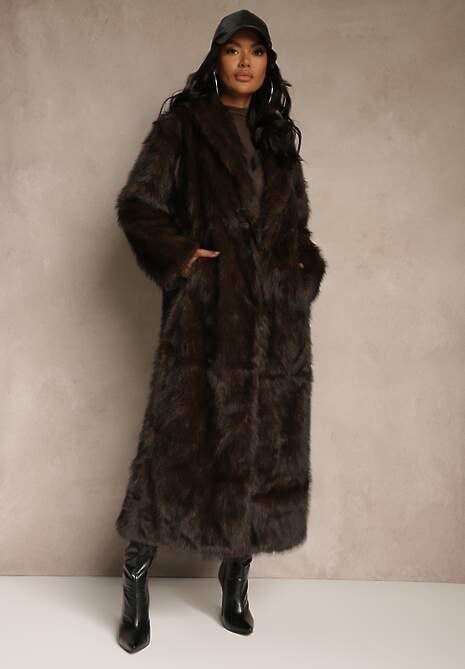Brązowy Płaszcz Futerko o Długim Kroju Ozdobiony Kołnierzem Cannesa