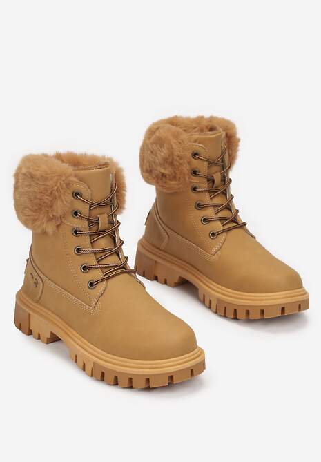 Jasnobrązowe Traperki Sznurowane z Futerkiem Vishe