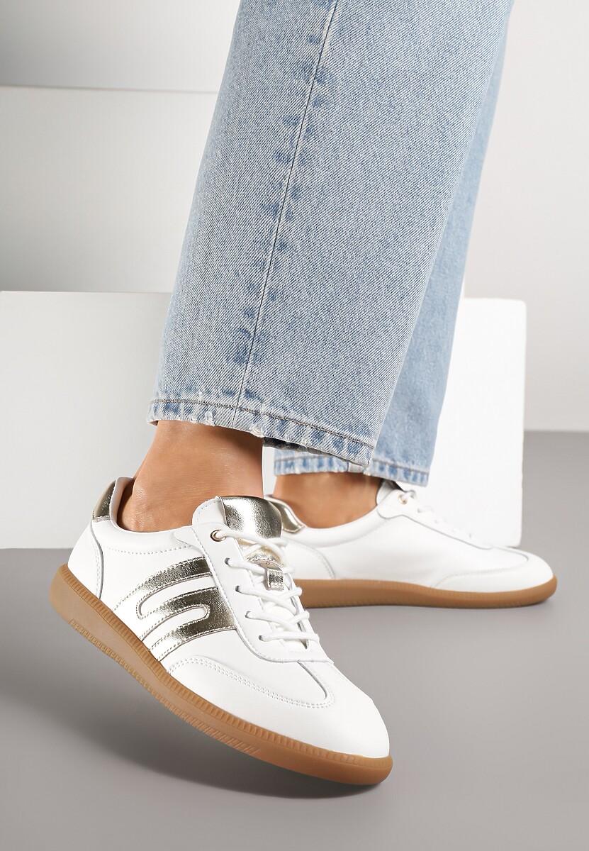 Białe Sneakersy Tenisówki ze Skóry Naturalnej z Geometrycznym Wzorem Carolie