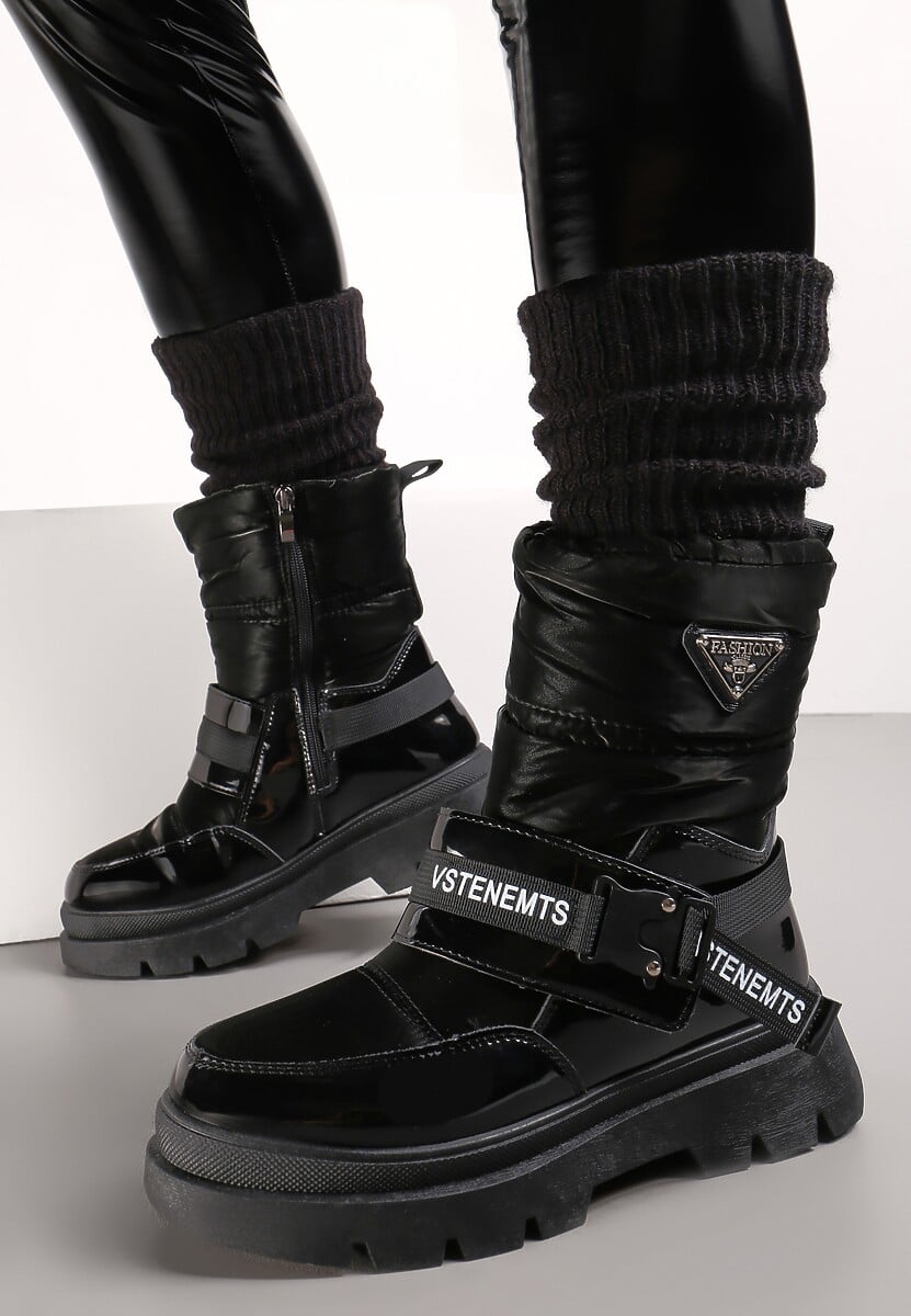 Czarne Śniegowce Lakierowane z Taśmami z Napisami Ermanno