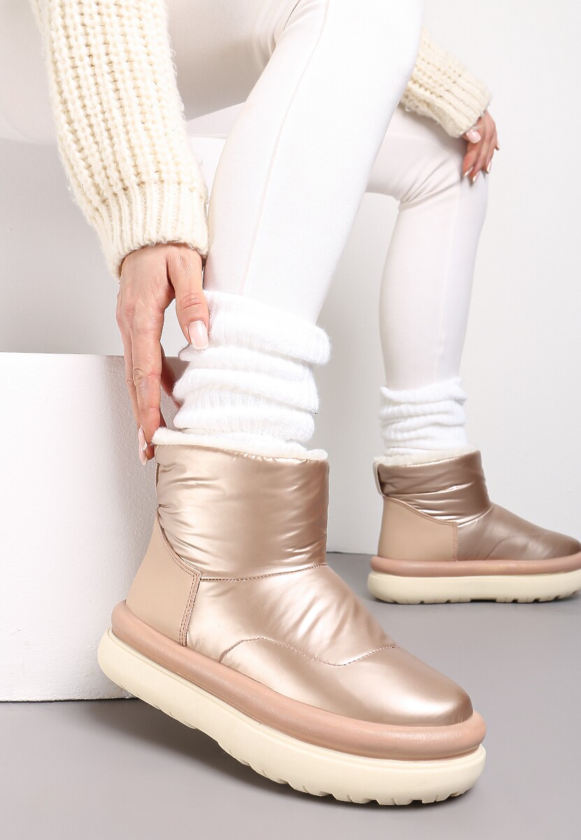 Złote Połyskujące Śniegowce na Płaskiej Podeszwie Ocieplone Futerkiem Brivida