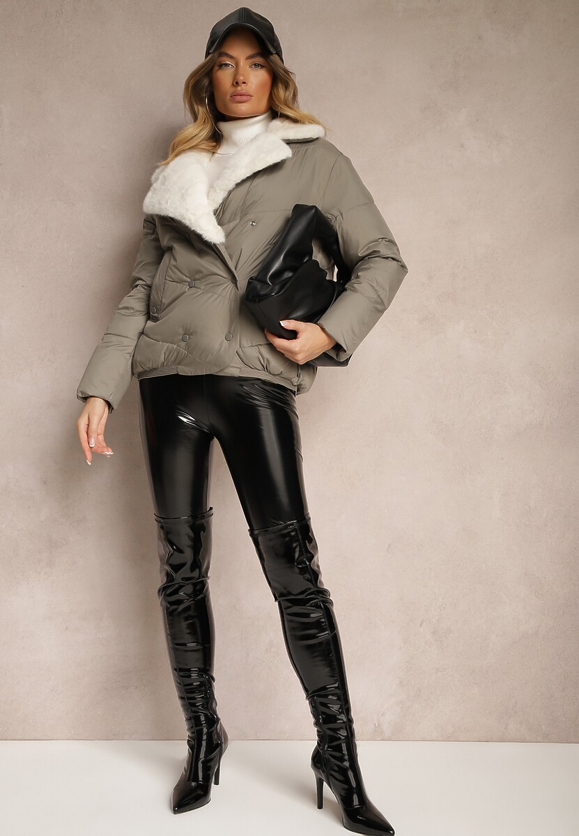 Zielona Kurtka Ozdobiona Pikowaniem Kołnierzem z Futerkiem i Napami Deolina