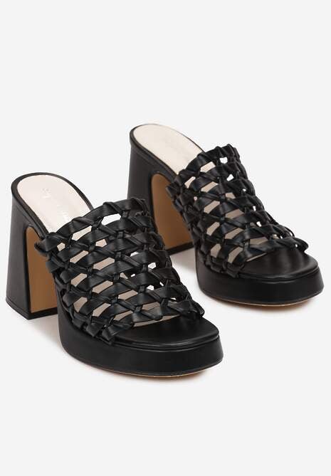 Czarne Klapki na Słupku i Platformie z Szerokim Plecionym Paskiem Lycius
