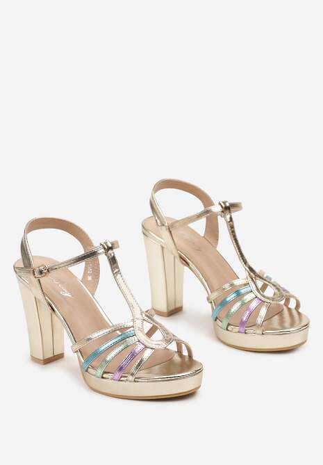 Złote Sandały na Słupku i Niskiej Platformie Xalena