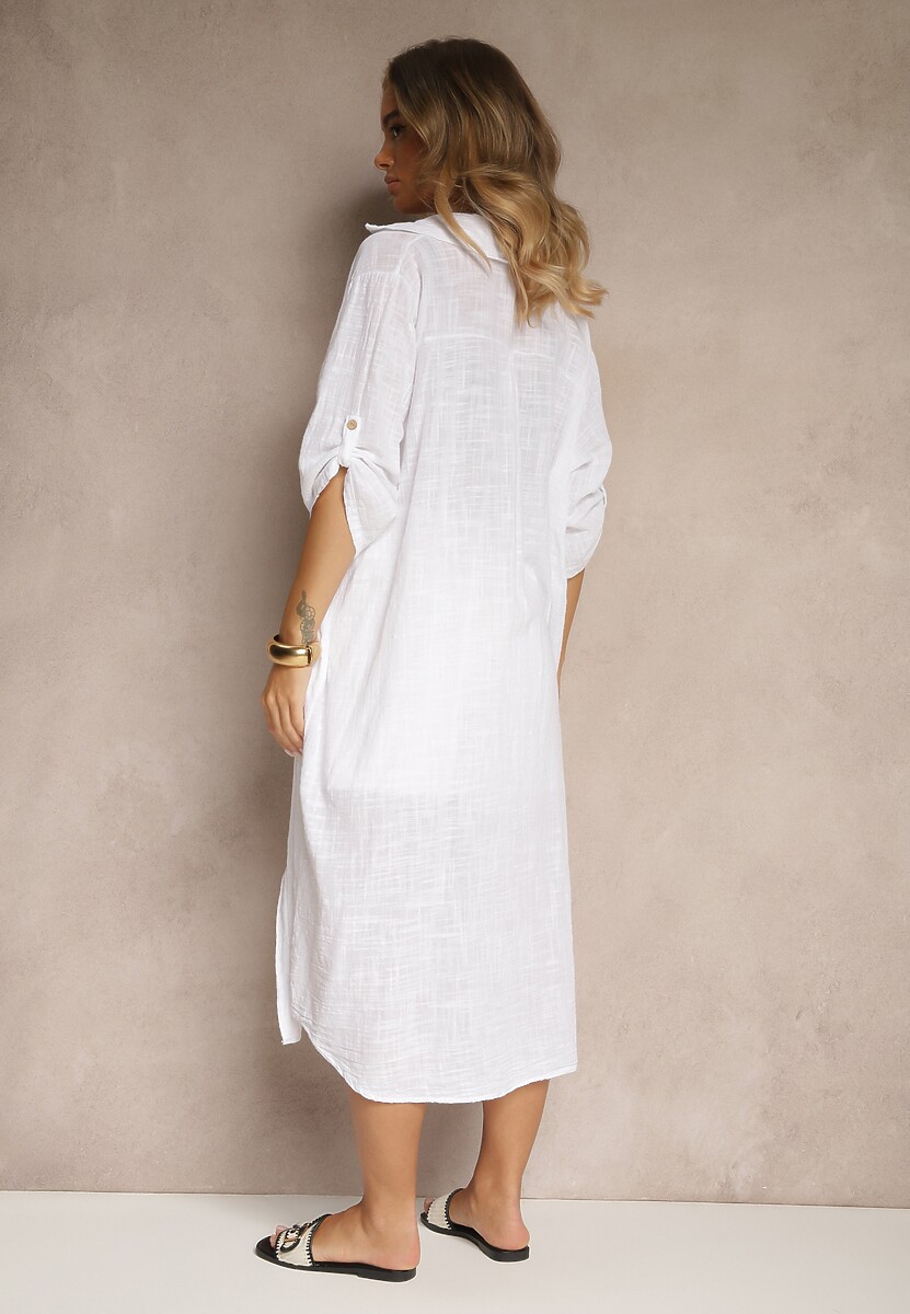 Biała Bawełniana Sukienka o Koszulowym Kroju z Kieszeniami Kolinea