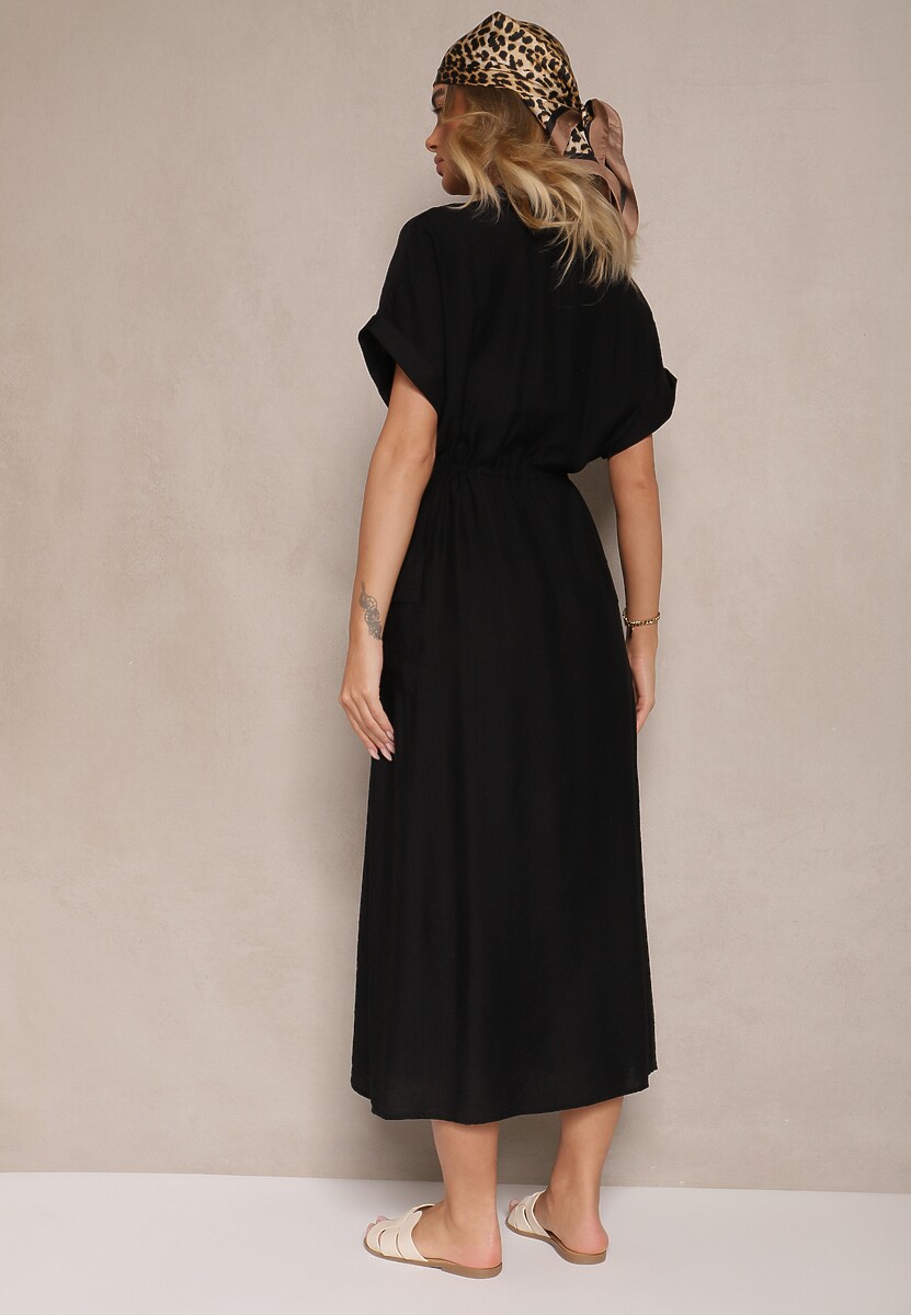 Czarna Sukienka z Wiskozą o Koszulowym Kroju z Wiązaniem w Pasie Pollivia