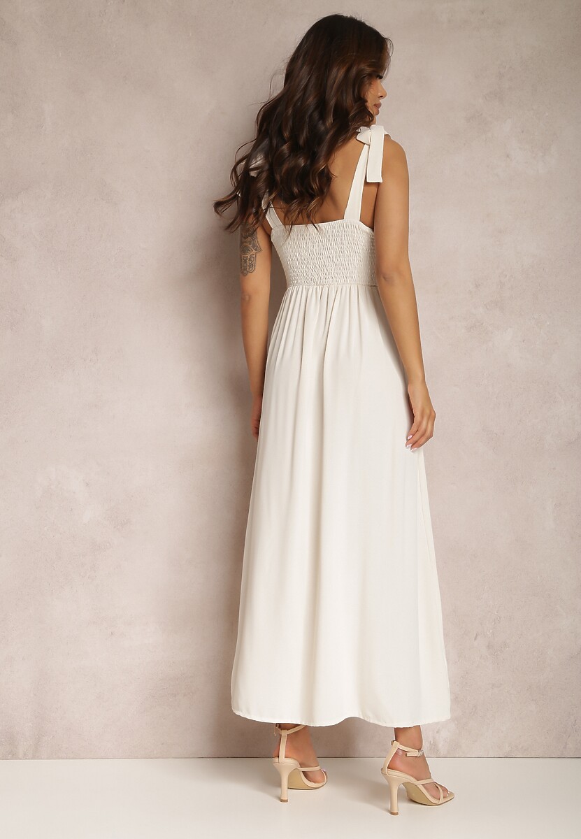 Jasnobeżowa Sukienka Rozkloszowana z Wiązanymi Ramiączkami i Wycięciem Argomeda