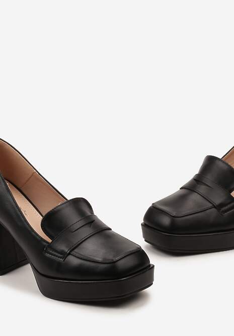 Czarne Czółenka z Noskiem w Kwadrat na Słupku i Platformie z Ozdobnym Wycięciem Drizona