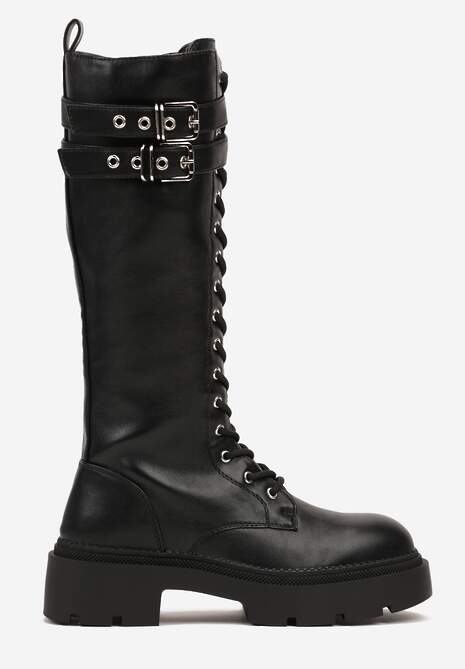 Czarne Sznurowane Kozaki na Platformie w Stylu Workerów z Paskami i Klamrami Asintoria