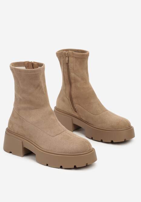 Ciemnobeżowe Botki na Platformie z Dopasowaną Cholewką Tinor