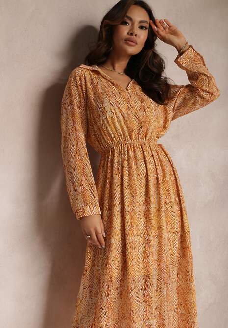 Pomarańczowo-Żółta Rozkloszowana Sukienka z Metaliczną Nitką i Sznurkiem Vivlit