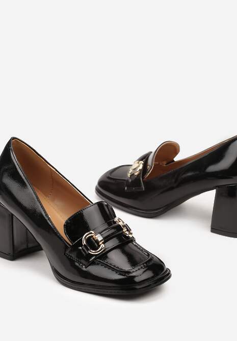 Czarne Lakierowane Półbuty na Obcasie z Kwadratowym Noskiem i Klamrą Leminae