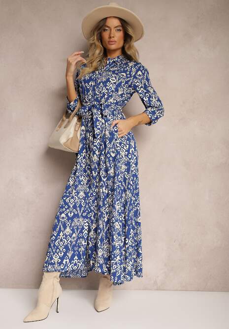 Granatowa Sukienka Koszulowa Wiązana w Pasie w Etno Wzór z Wiskozy Lokaggia