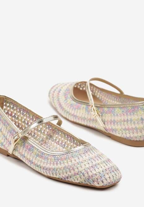 Beżowo-Różowe Balerinki Mary Jane Ozdobione Metaliczną Nicią Ilimalla
