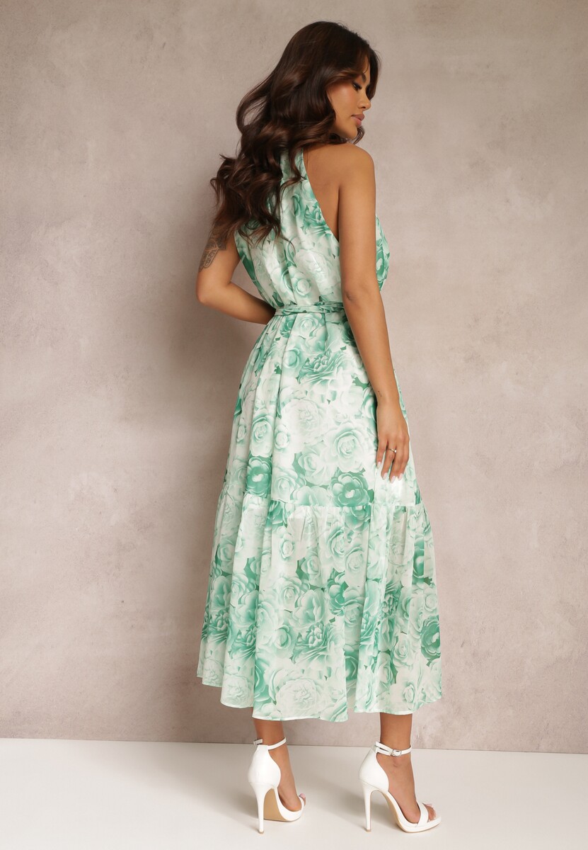 Zielona Rozkloszowana Sukienka w Kwiaty z Paskiem Ademora