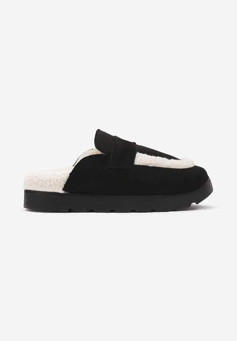 Czarne Kapcie na Płaskiej Podeszwie z Futerkiem i Paskiem Niaviera