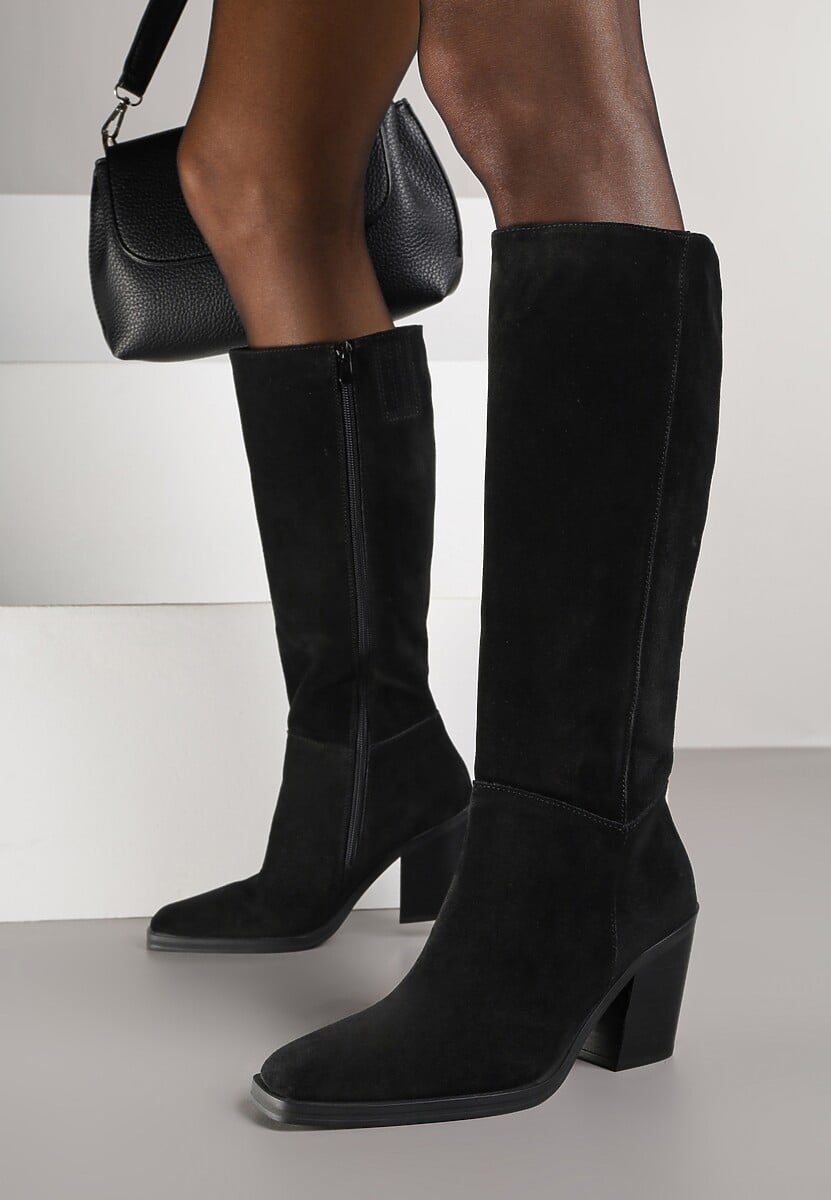 Czarne Skórzane Kozaki na Słupku Realinae