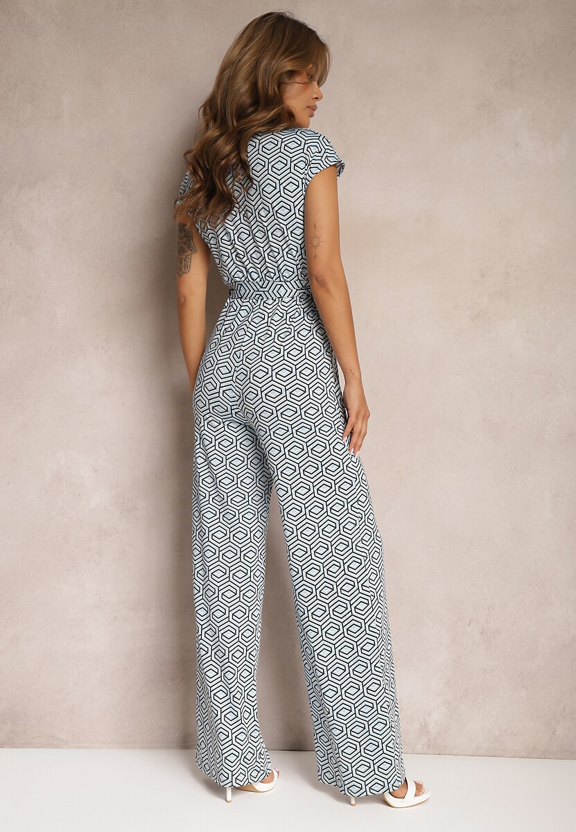 Niebieski Kombinezon z Dodatkiem Wiskozy z Wiązaniem w Talii w Geometryczny Wzór Trosofia