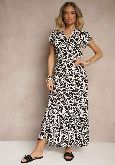 Czarna Kopertowa Sukienka z Ozdobną Falbanką w Kwiatowy Print Velmoi