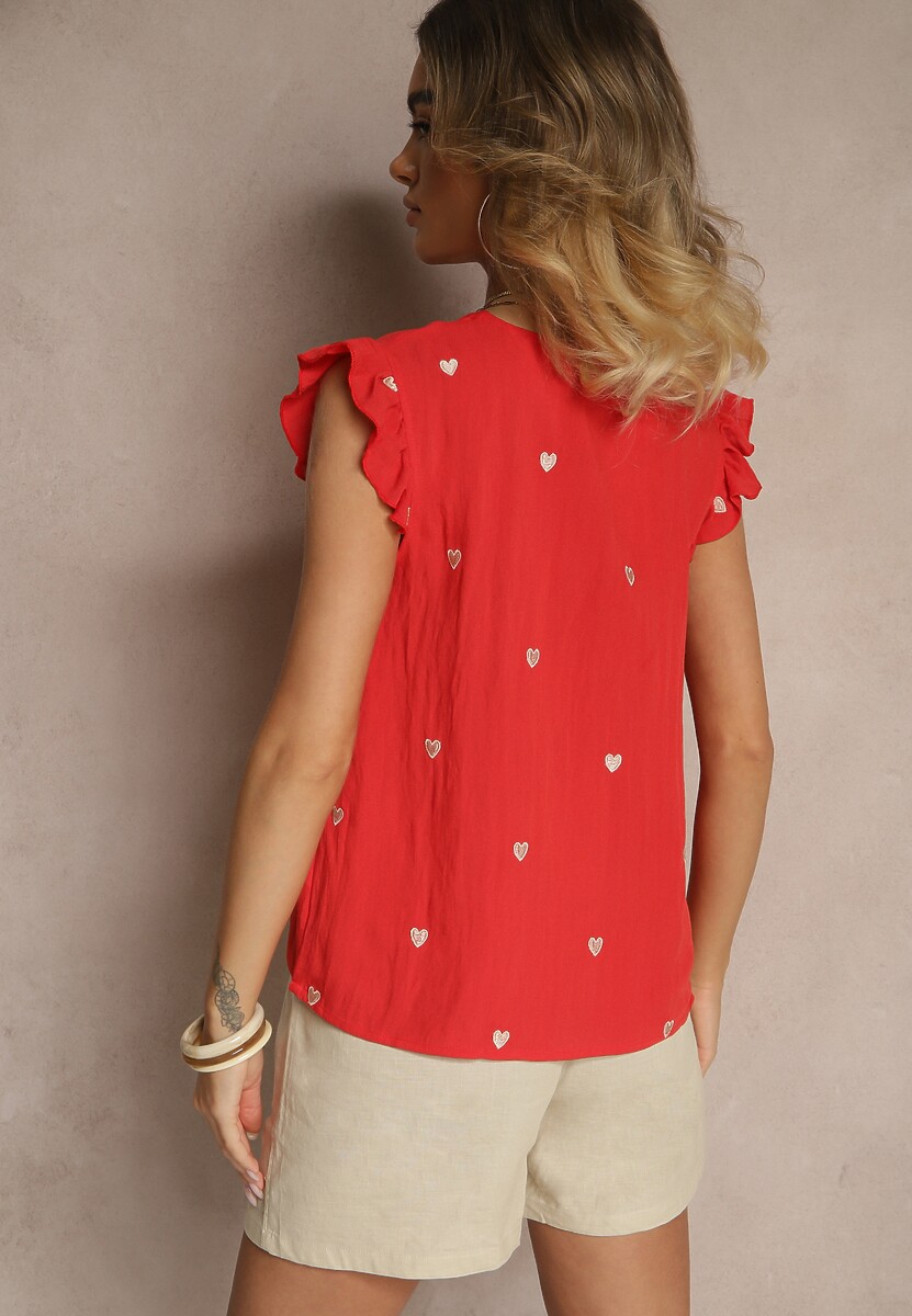 Czerwona Wiskozowa Bluzka Top z Wyhaftowanymi Serduszkami i Falbankami Darwilla