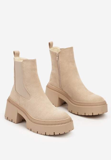 Beżowe Botki na Słupku i Platformie Sztyblety Grunge z Elastyczną Cholewką Lericea