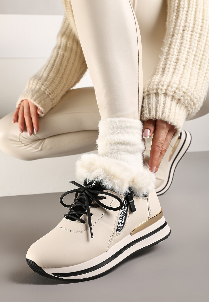 Białe Sznurowane Botki Sneakersy z Futerkiem Gameda