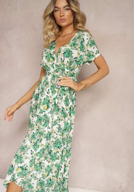 Zielona Rozkloszowana Sukienka z Wiskozy z Gumką w Pasie i Materiałowym Paskiem Vikllia