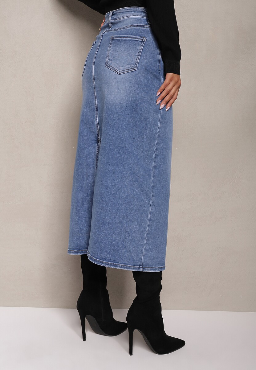 Niebieska Spódnica High Waist Ołówkowa z Przejaśnieniami na Jeansowym Materiale Carolea