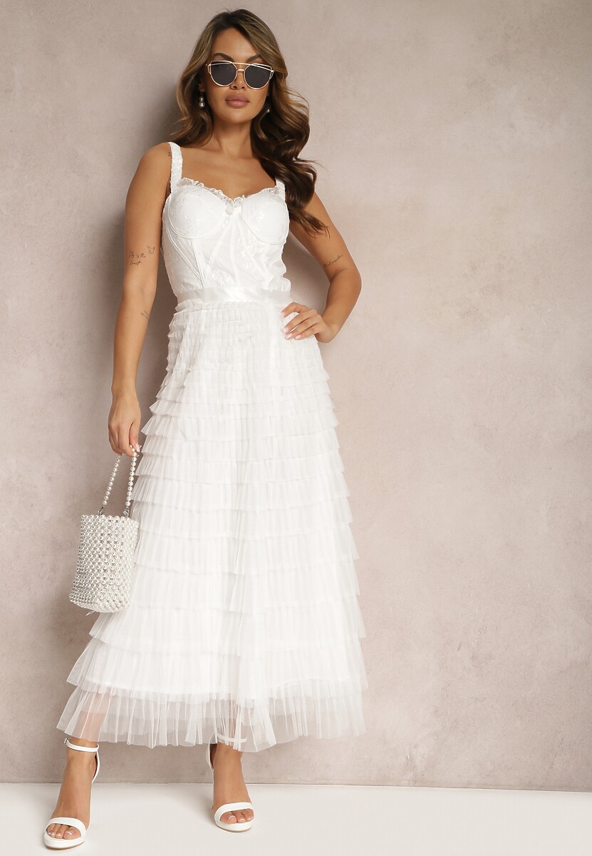 Biała Maxi Sukienka Rozkloszowana Sukienka na Ramiączkach z Gorsetową Górą Ocartia